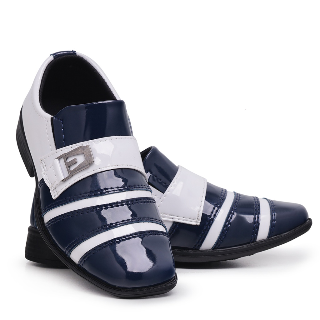 Sapato Social Infantil Masculino Italiano 443 Azul Marinho com Branco Verniz Casual Moderno
