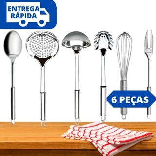Kit Utensílios de Cozinha 6 Peças 100% Aço Inox Concha Escumadeira Pegador Colher Garfo e Fuet