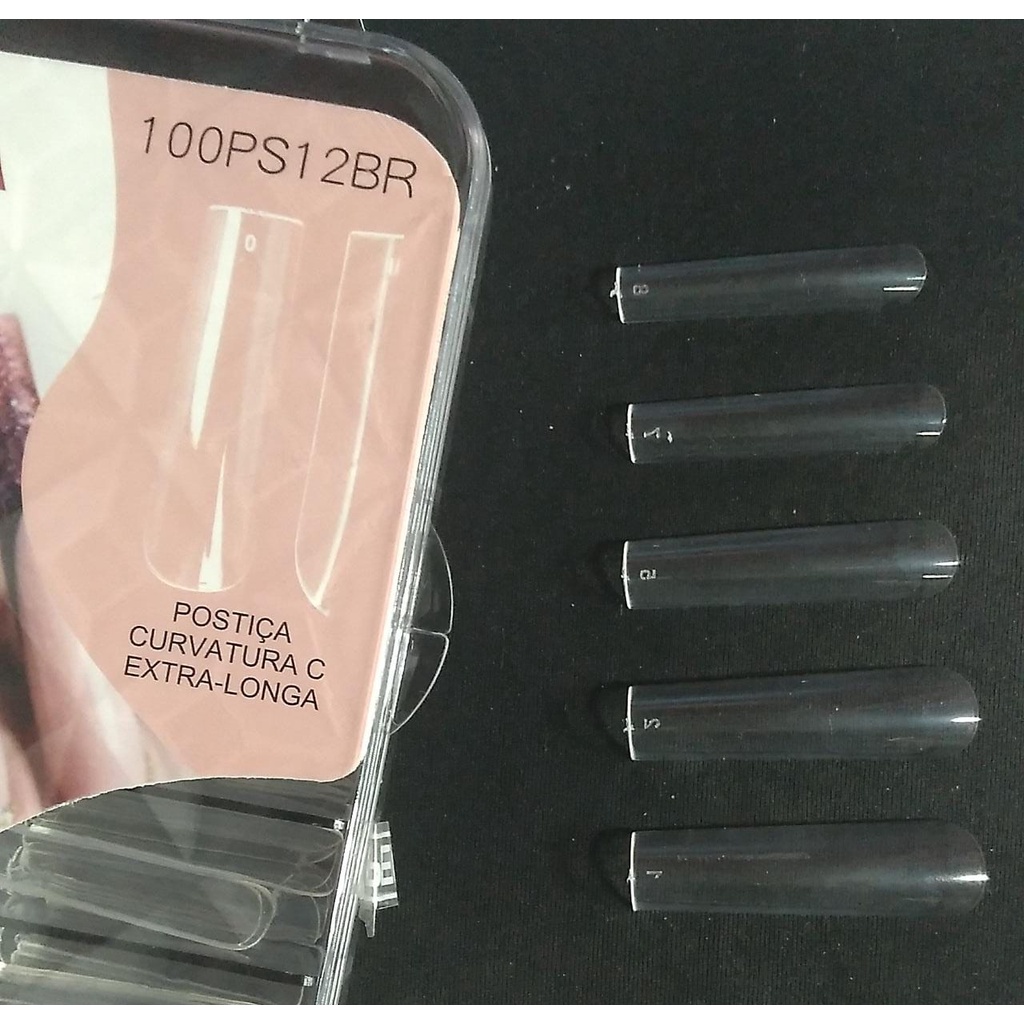 Postiça Curvatura C Extra Longa Transparente/Natural com 100unid para unhas