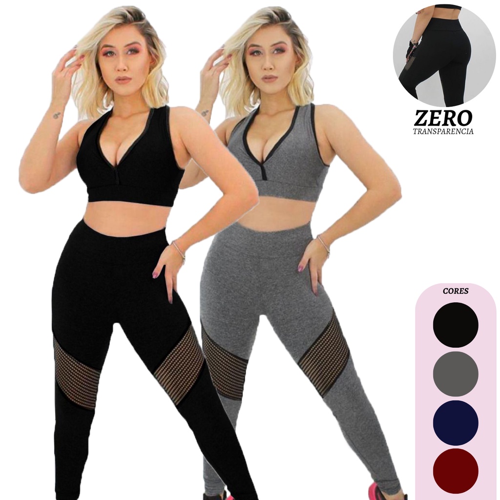 Kit 2 Conjunto Fitness Calça Legging com Bolso e Top sem bojo