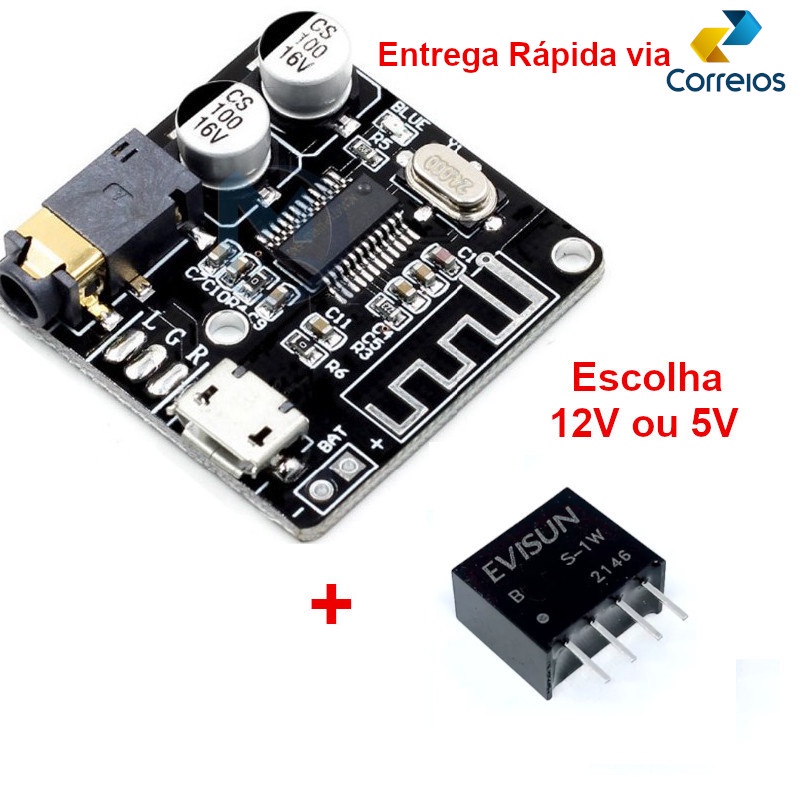 Módulo Receptor Placa Bluetooth + Conv. Isolador 12V ou 5V Escolha