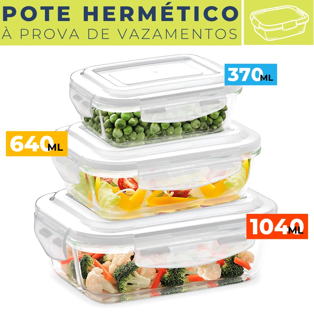 Conjunto Com 3 Potes de Vidro Borossilicato Resistente Armazenamento de Alimentos Organizador de Geladeira Marmita Fit Vai ao Micro-ondas Freezer Com Tampa Hermética Silicone Alta Vedação 370ML / 640ML / 1040ML