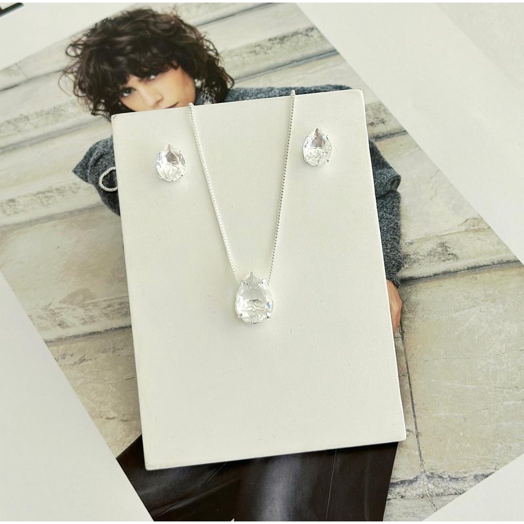 Kit Colar e Brinco Gota Pequena Zircônia Cristal Tiffany A Prata 925 Cordão Veneziano