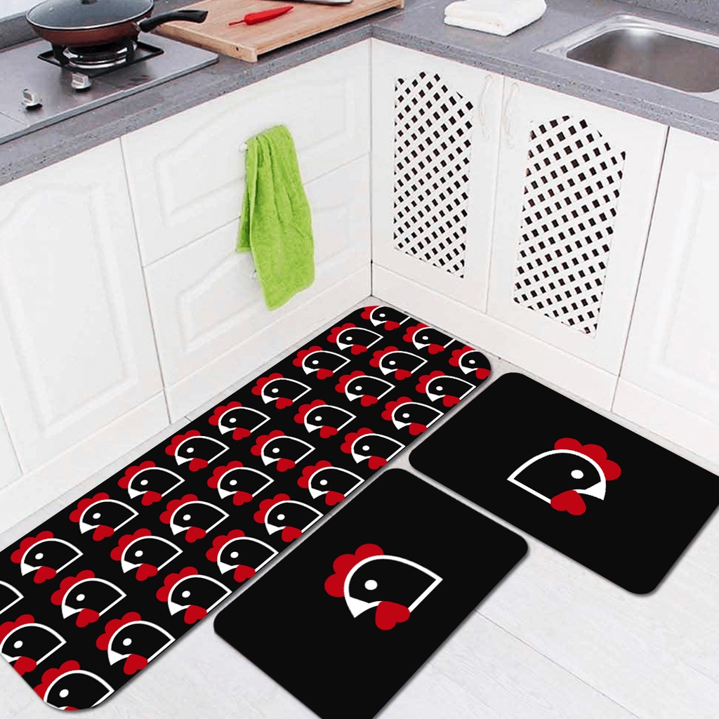 Kit Jogo 3 Peças de Tapete para Cozinha Galo Galinha Antiderrapante Dcorô