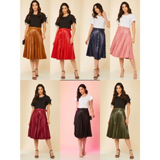 Saia Midi Plissada Cirre Com Botao Com Cinto Fivela Moda Feminina - 00203