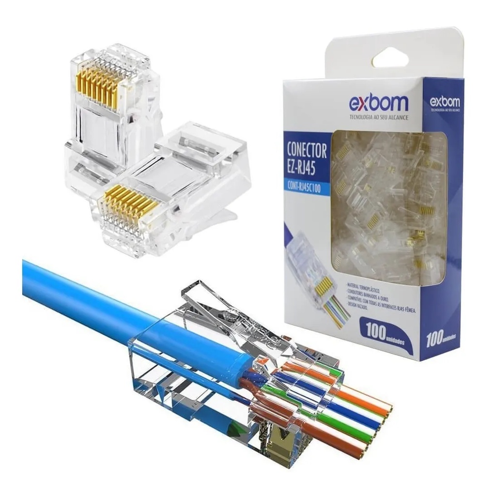 Conector Macho RJ45 Vazado Cat5e - Exbom - Pacote C/ 100 Unidades - EZ-RJ45 em Oferta na Shopee