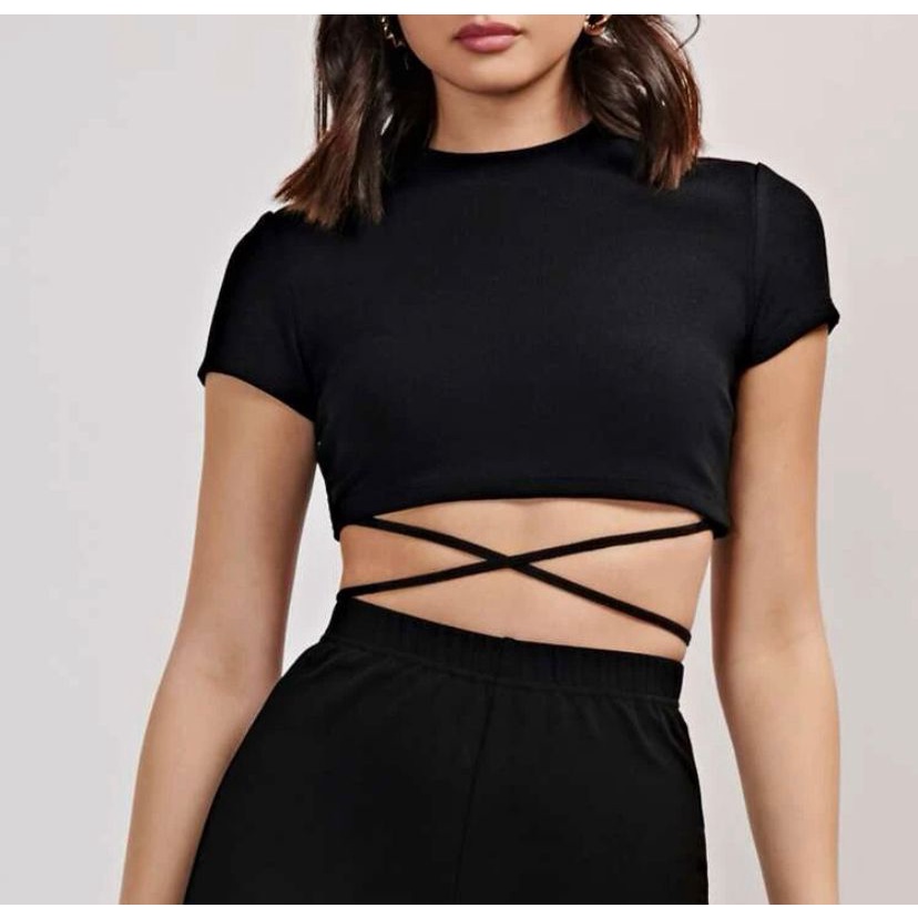 Blusa Cropped feminino manga curta trançado canelado elegante linda