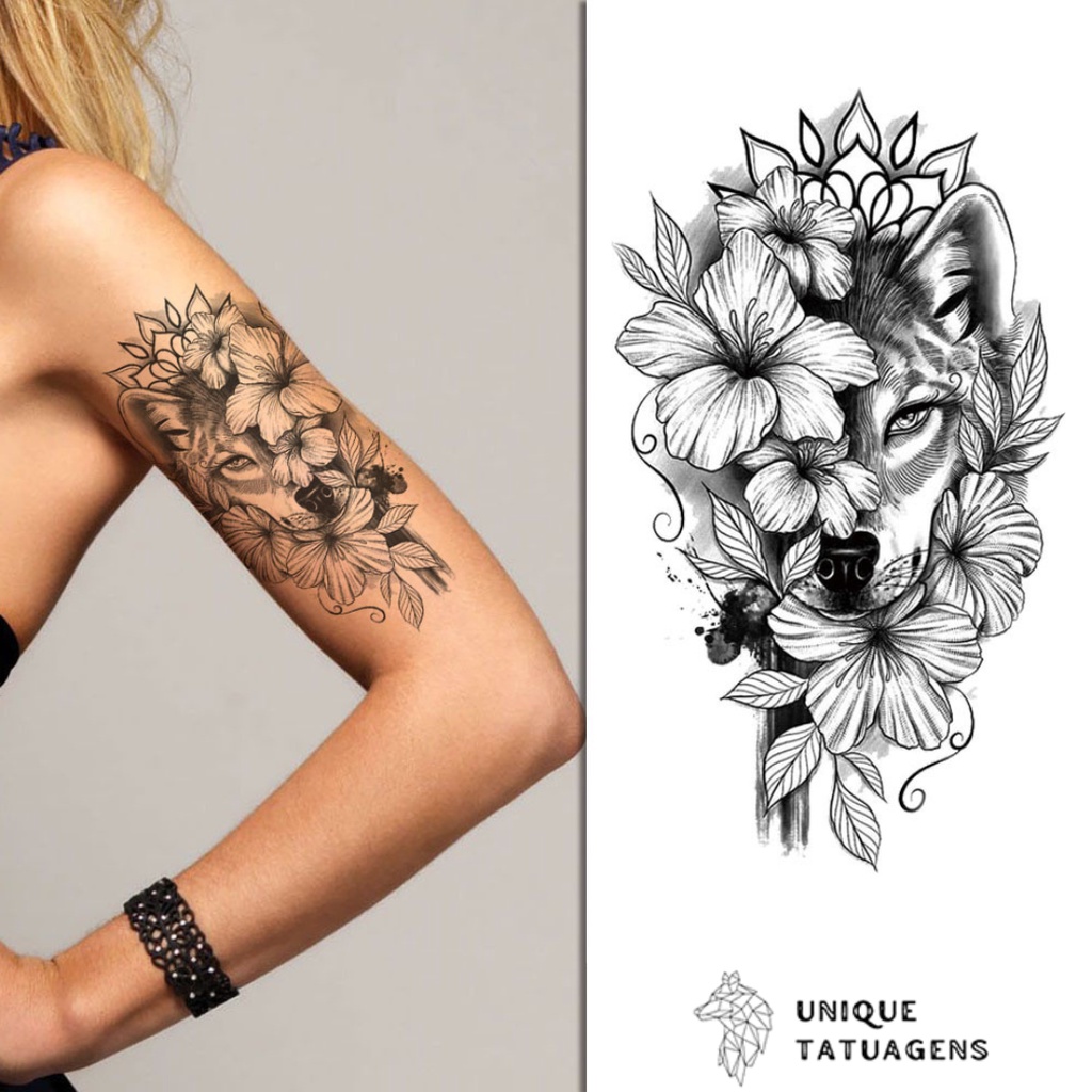 Tatuagem Fake Feminina Raposa com Flores Tattoo 3D