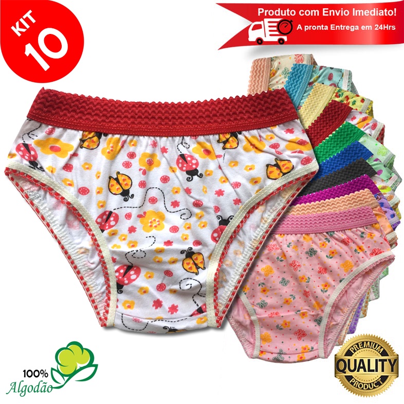 Kit 10 Calcinhas Infantil Algodão Estampada Cós Elástico Menina em Oferta na Shopee