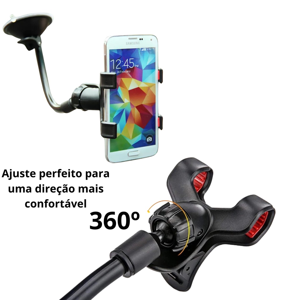 Suporte Celular GPS Carro Veicular 360º Fixação Ventosa Universal Haste Firme Ajustável Anti Queda