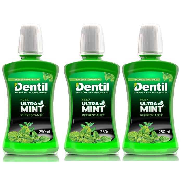 Kit 3 Enxaguante Bucal Dentil Ultra Mint Sem Flúor Com Glicerina Vegetal 250ml