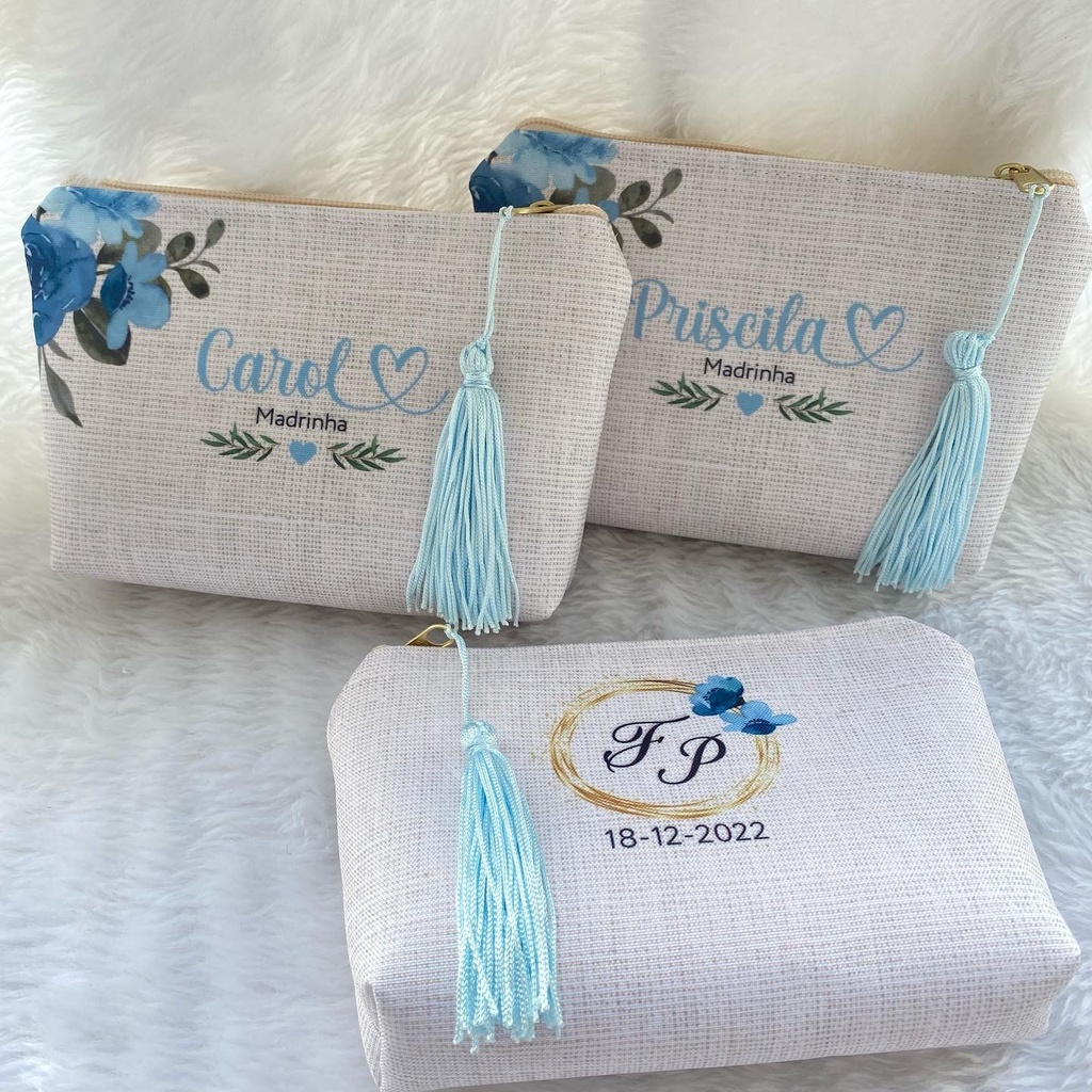 Necessaire Personalizada com Nomes Azul floral para Madrinhas, Mãe da Noiva, Aniversário.