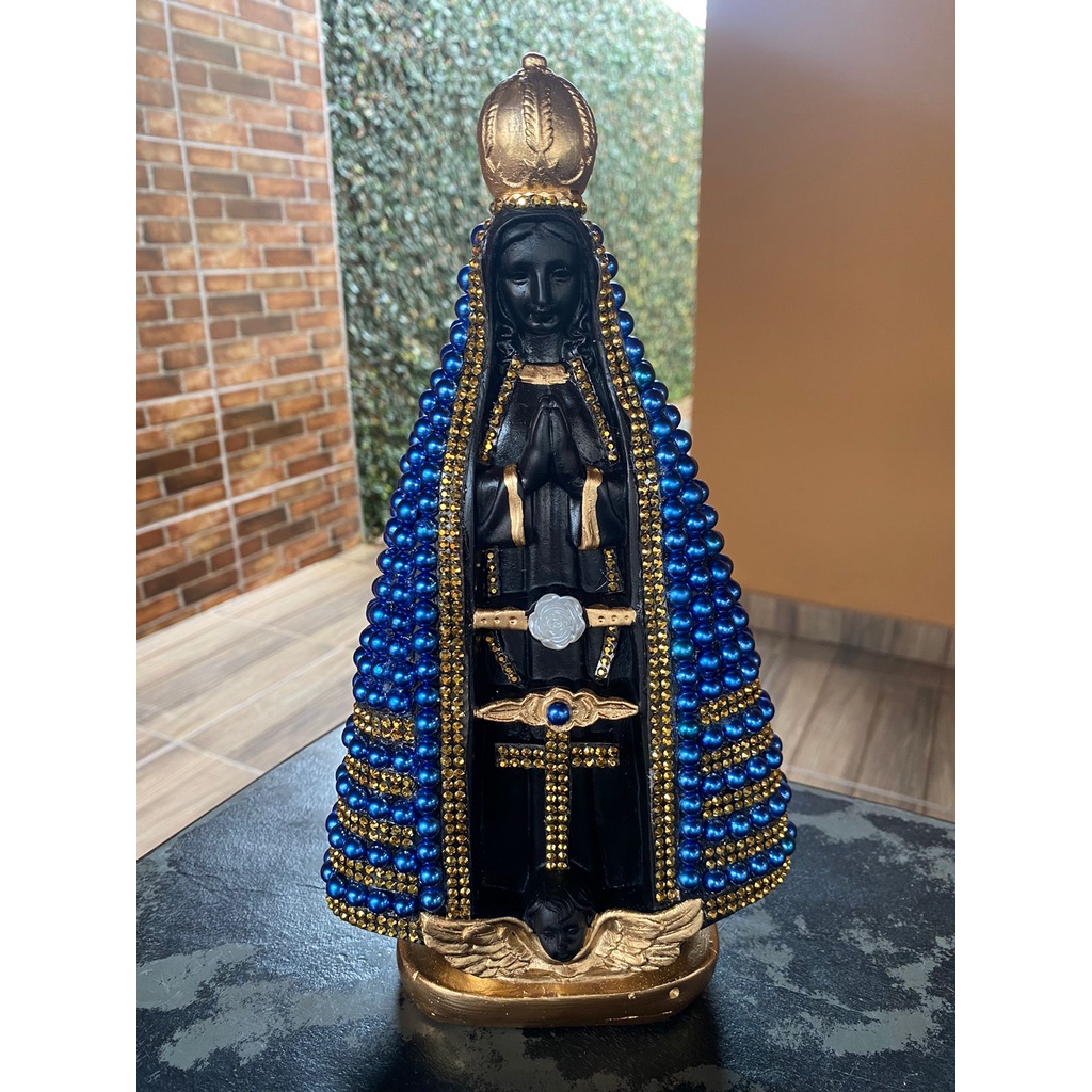 Imagem Nossa Senhora Aparecida 30cm com Detalhes em Pérolas Azul e Strass - Pintura Resinada