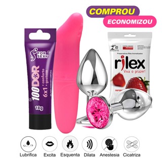 KIT Plug Anal P + Sexo Anal 100DOR Lubrificante Intimo + Vibrador Feminino Sexual + Camisinha Sex Shop
