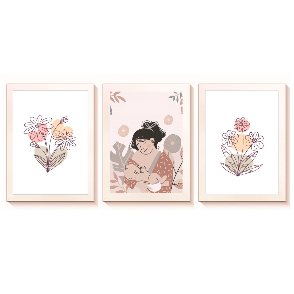 Kit 3 Quadros Decorativos Consultório Médico Amamentação 20x30cm Molduras Madeira Vidro Brancas