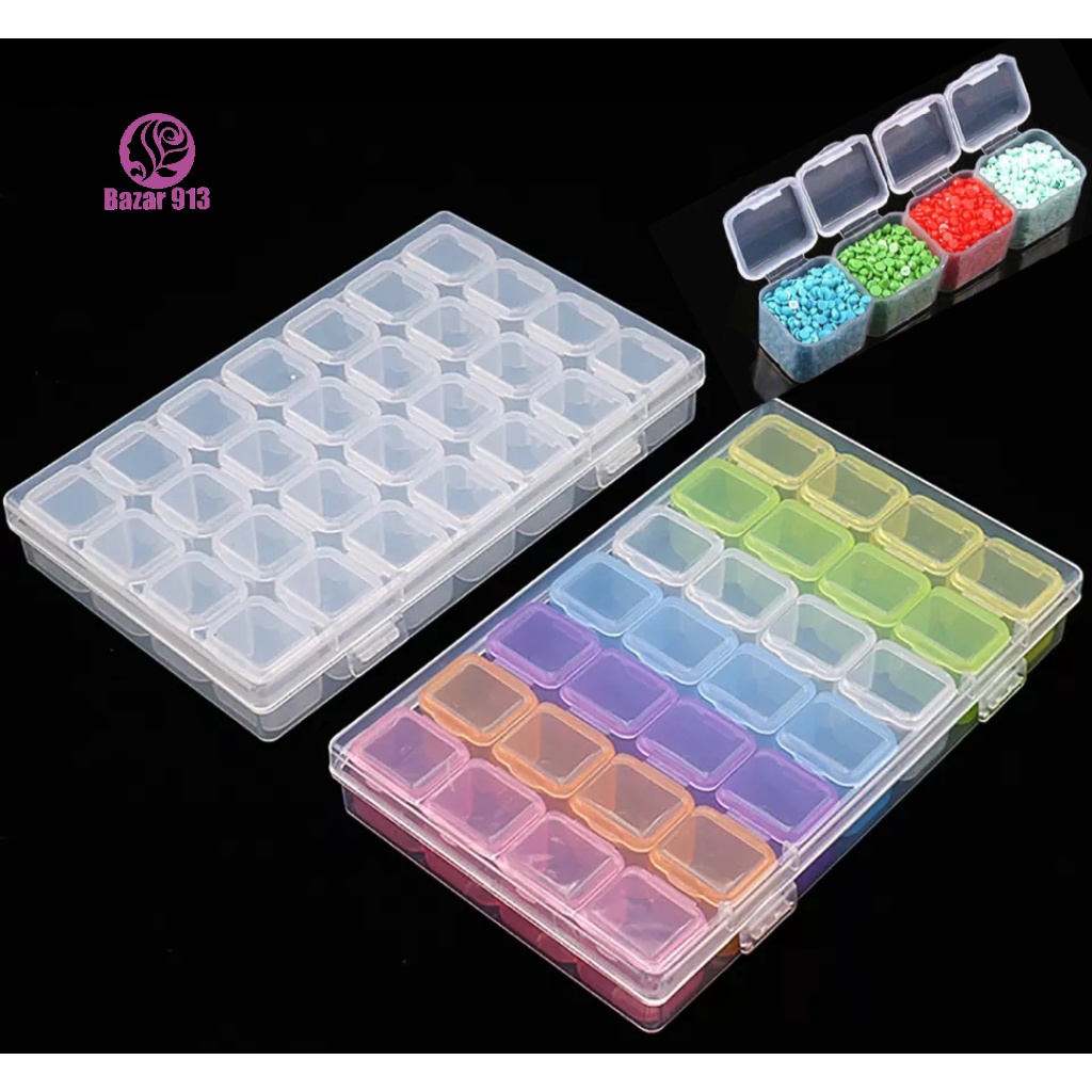 Caixa Estojo Organizador 28 Divisórias Transparente e Colorido Porta Strass Predrarias Unhas
