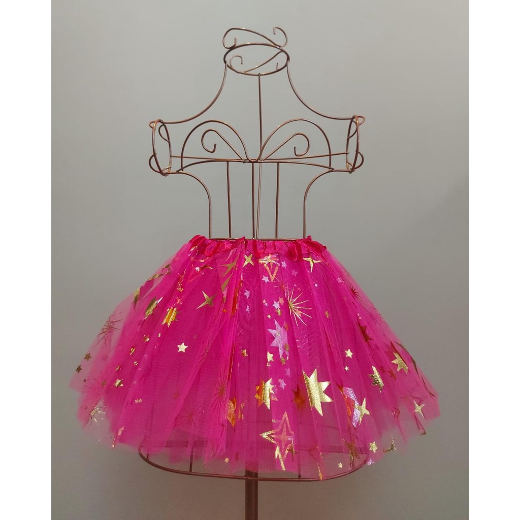 Fantasia Carnaval Halloween Festa Várias Cores Saia Tulê Tutu Estrelas Glitter 30cm