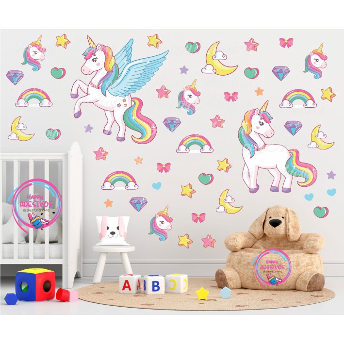 Adesivo Decorativo Infantil Unicórnio Estrela Arco-Íris Menino Menina Parede Quarto