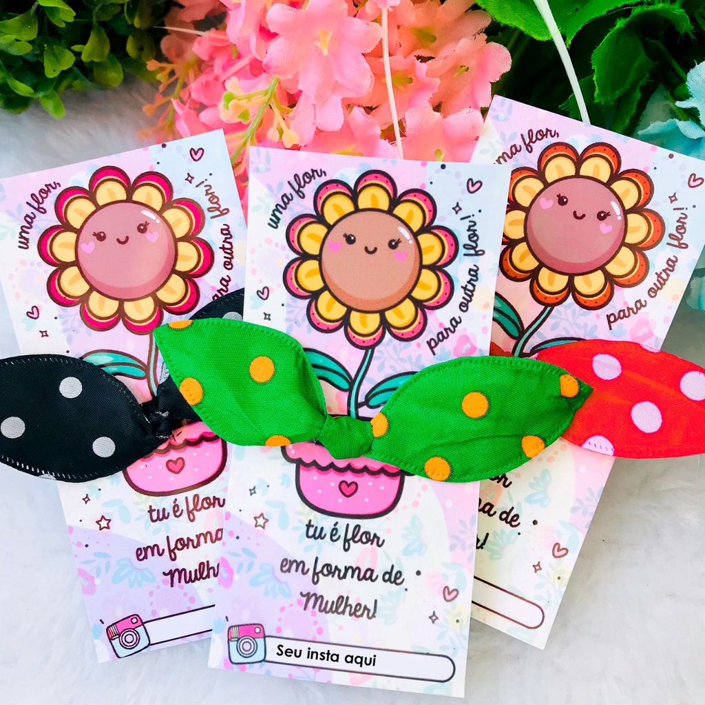 10 mimos florzinha tag+xuxa scrunshes personalizado lembrancinha dia da mulher mimo cliente para lojas e comércio