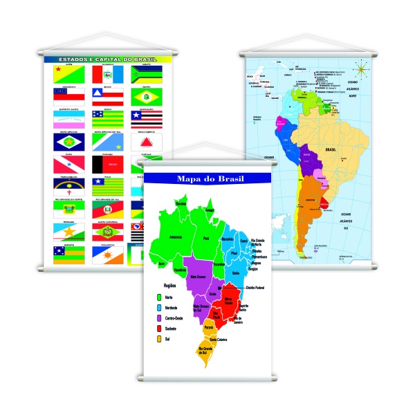 Kit 3 Banners Mapa América do Sul + Mapa do Brasil + Bandeiras Estados e Capitais do Brasil Pedagógico Didático