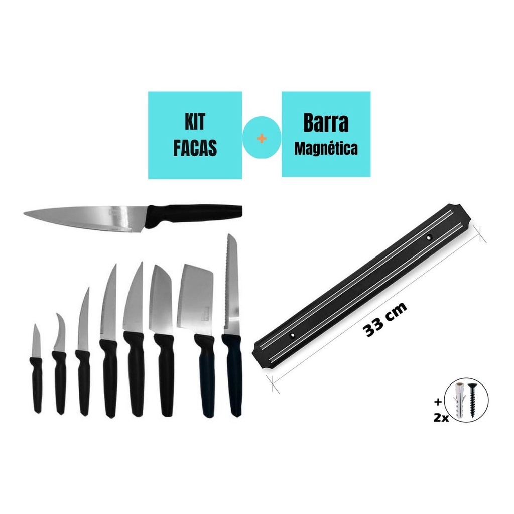 Kit Jogo De Facas Faqueiro 9 Peças Inox + Barra Magnética Imã Suporte Facas Ferramentas Cozinha 33cm