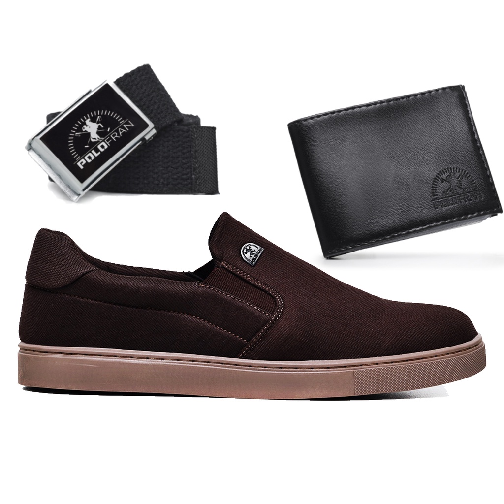 Tênis Masculino Polo Fran Slip on Sapatênis Casual Sapato + Carteira + Cinto Bali em Oferta na Shopee