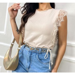 Blusa viscolycra cavada renda casual moda feminina
