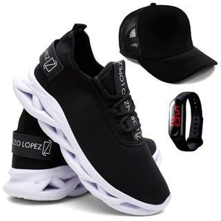 Kit Corrida Tênis Masculino Esporte Academia Boné e Relógio Digital