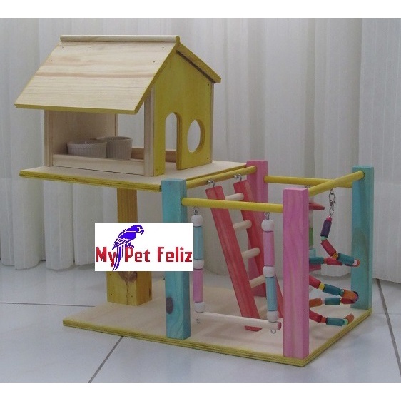 Casa para calopsita - parquinho para calopsita - brinquedo para calopsita (casa feliz colorida - azul e rosa) playground