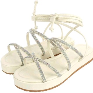 Sandália Feminina Birken De Amarrar Papete Flatform Tiras Strass Ref:30/19