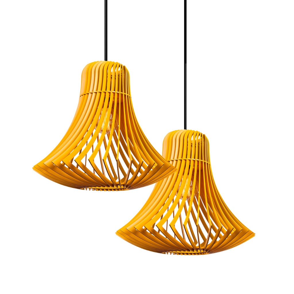 Pendente Duplo Uruguai Amarelo, Luminária, Lustre de Madeira MDF, Amarelo, Vermelho, Preto, Azul, Marrom, Rosa e Branco, Iluminação Para Sala, Quarto, Cozinha e Escritório, Formato de Sino, Cores Vibrantes, Promoção, Desconto.