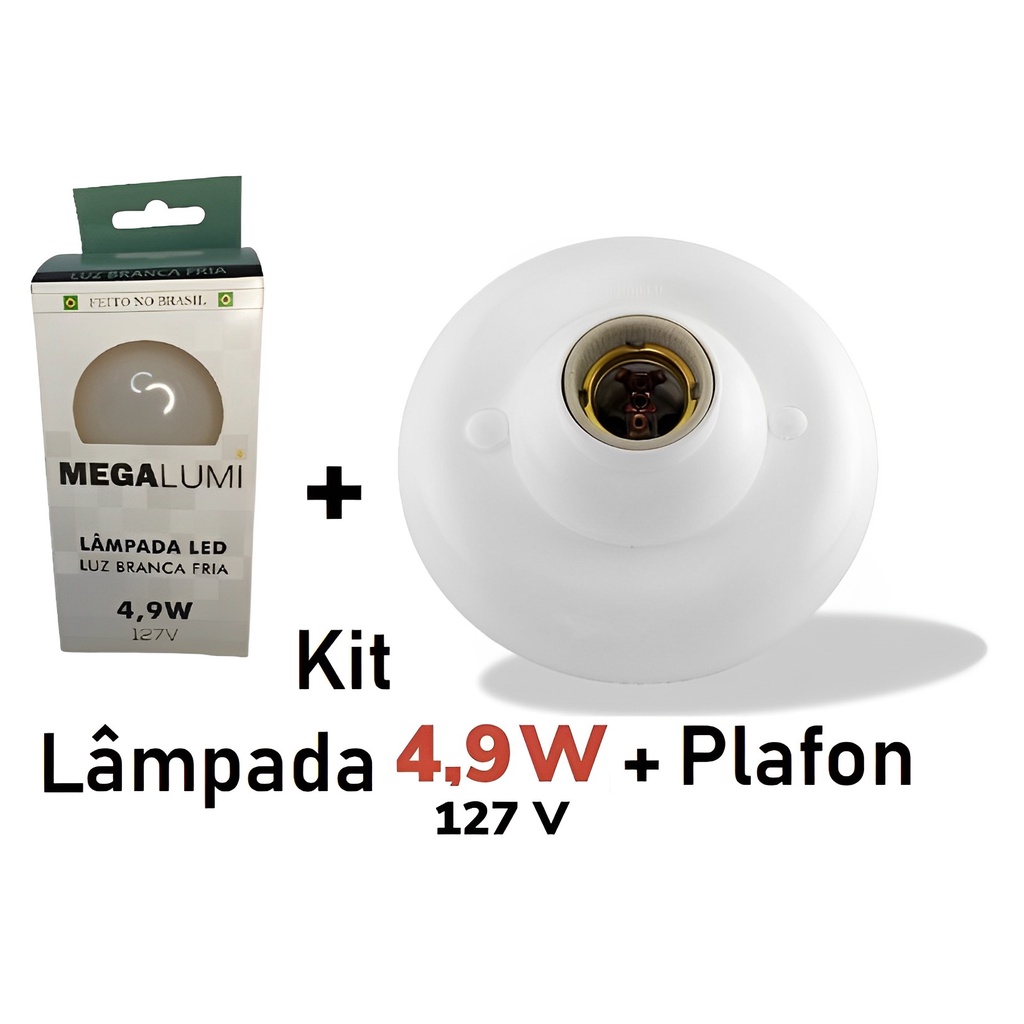 Plafon Branco p/ 1 Lâmpada Soquete E-27 de Porcelana Paflon + Lâmpada Bulbo Led 4,9W 6500k Branco Frio Sala Cozinha
