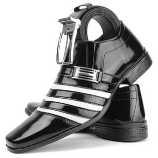 Sapato social masculino preto e branco estilo italiano + cinto social preto