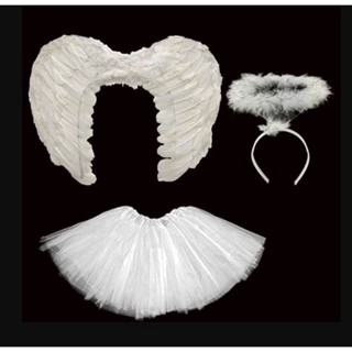 Kit Anjinho Fantasia Carnaval Saia de Tule Asas de Pena e Tiara Halloween Anjo Preto ou Branco Adulto