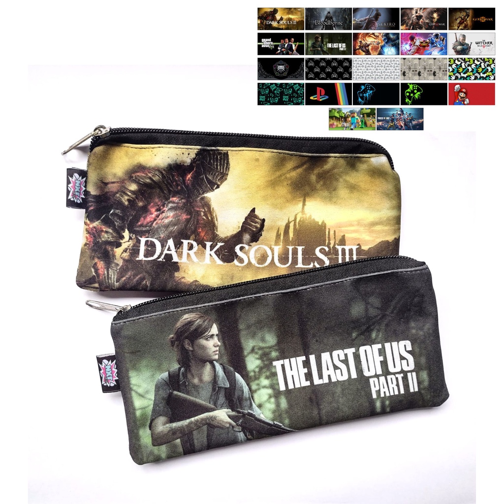 Estojo escolar gamer / games / jogos / Dark Souls 3 / God of War / Mortal Kombat / Bloodborne / Sekiro / GTA / TLOU / The Last Of Us / Street Fighter / The Witcher / Playstation / XBox / Super Mario / Minecraft / Free Fire / Fortnite / Genshin Impact