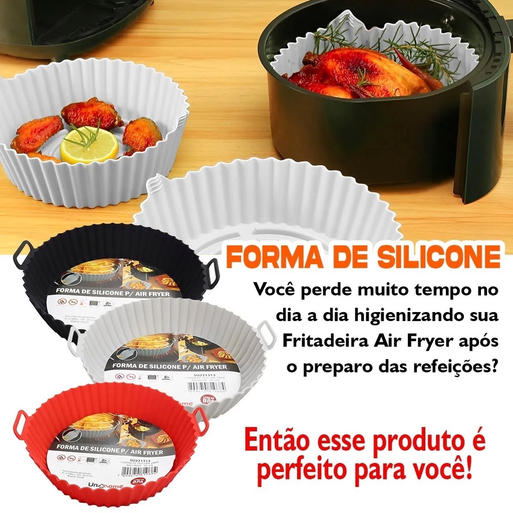 Cesto de Silicone Redondo Air Fryer e Forno Forma para Fritadeira Elétrica com Alça