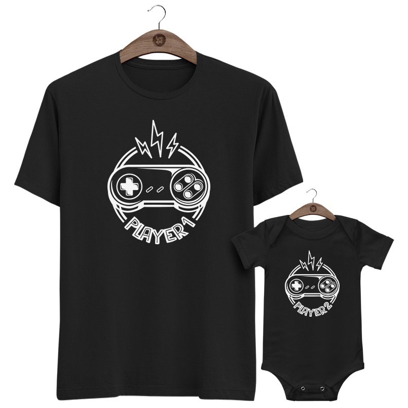 Kit Tal Pai Tal Filho  Player 1 e 2 Camiseta Camisa Body Infantil