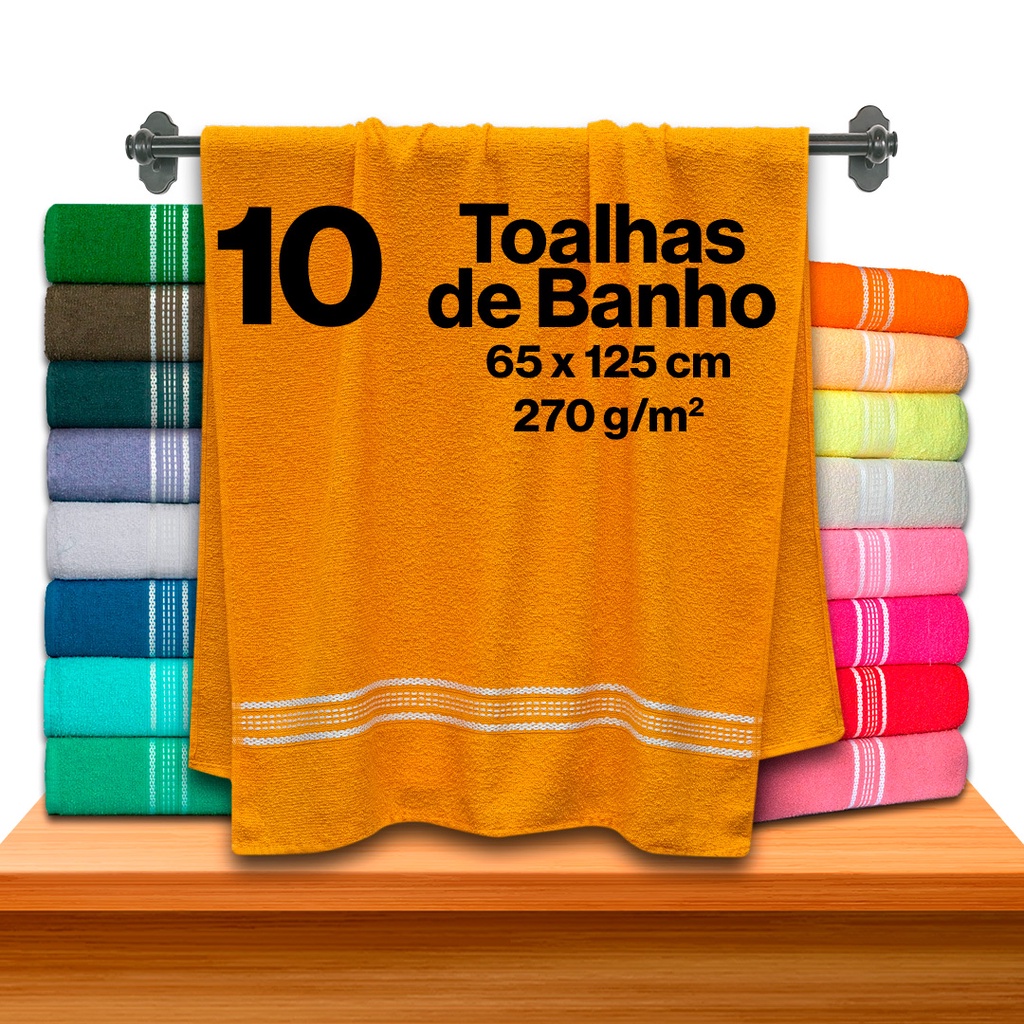 Kit 10 Toalhas de banho 100% algodão 65cm x 1,25cm Ótima Absorção