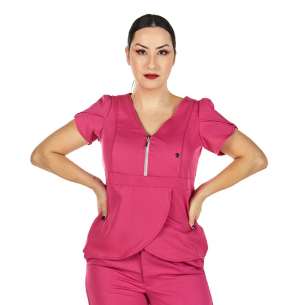 Blusa Scrub Feminino Transpassada Decote Zíper Com Manga Curta Rosa Pink Profissional Casual