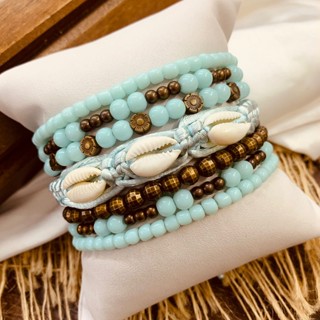 Kit mix  pulseiras praia verão moda caiçara tendência resina couro colorida