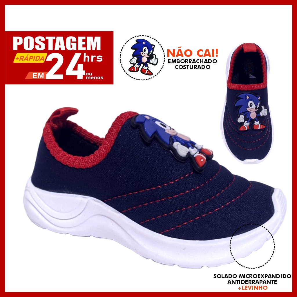 Tênis Sonic Menino calce fácil meia elástico sem cadarço escolar volta as aulas lançamento 2023