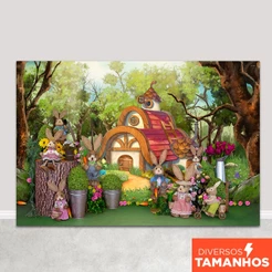 Fundo Fotográfico Cenário de Páscoa Jardim dos Coelhos Painel Em Tecido Sublimado