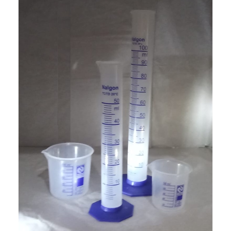 Kit 4 peças, sendo, Provetas 1x50ml + 1x100ml e Copos becker 1x50ml + 1x100ml, Polipropileno PP atóxico, original Nalgon