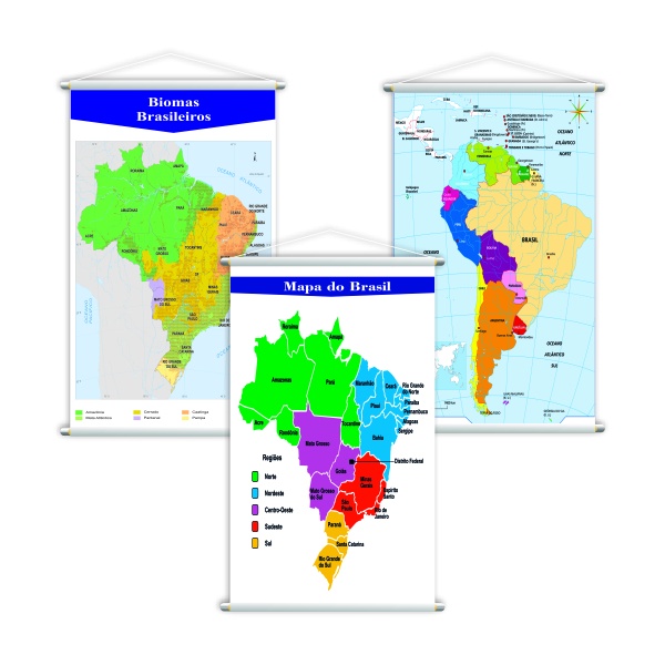 Kit 3 Banners Mapa Brasil + Biomas Brasileiros + Mapa da América Do Sul Pedagógico Didático