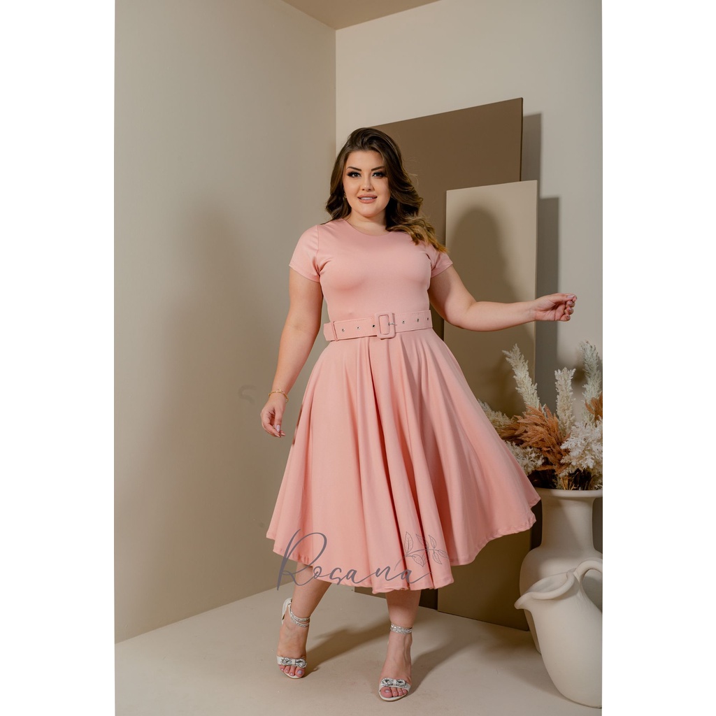 Vestido Godê Midi  Liso Acompanha Cinto  Rosa liso