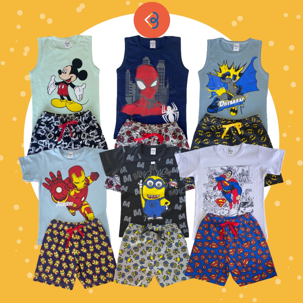 Kit 12 Peças Roupa Infantil Herois Personagem 3 Conjunto Regatas + 3 Conjuntos Camisetas