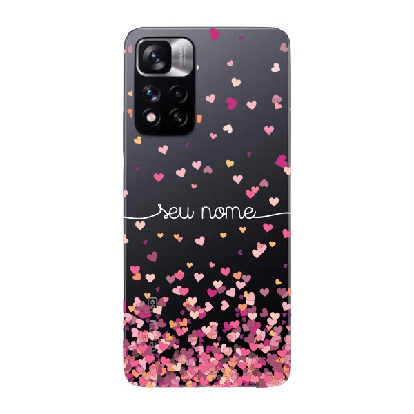 Capinha para Xiaomi Note 11 Pro+ Anti Impacto Personalizada - Chuva de corações rosa com nome