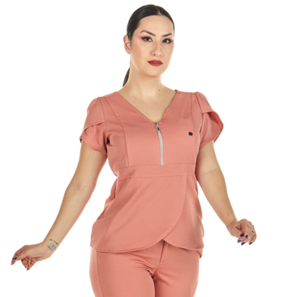 Blusa Scrub Feminino Transpassada Decote Zíper Com Manga Curta Nude Rosa Queimado Rose Gold Uniforme
