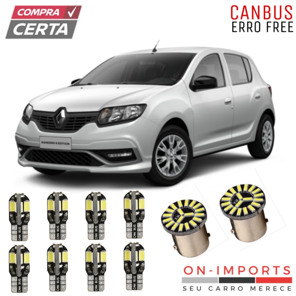 LED PREMIUM CANBUS RENAULT SANDERO 2015 EM DIANTE LÂMPADAS RÉ PLACA TETO FAROL FAROLETE MEIA LUZ T10 TORPEDO PINGO POLO