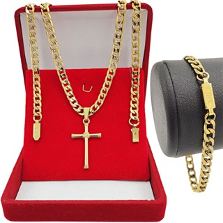 Corrente Masculina Cordão Grumet Banhado a Ouro 18k 70cm Dourado Pingente Crucifixo e Pulseira Grossa